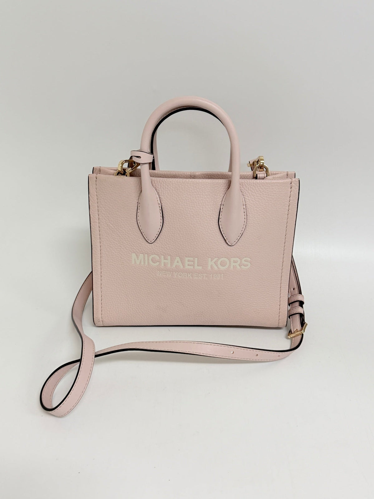 Lynn's Closet Boutique Michael Kors Mirella small blush pebbled leather tote bag with gold hardware and shoulder strap