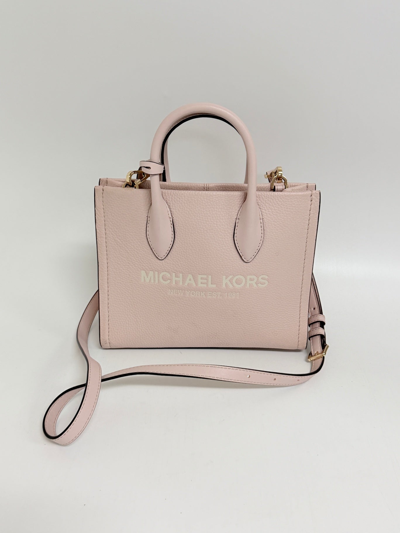 Lynn's Closet Boutique Michael Kors Mirella small blush pebbled leather tote bag with gold hardware and shoulder strap