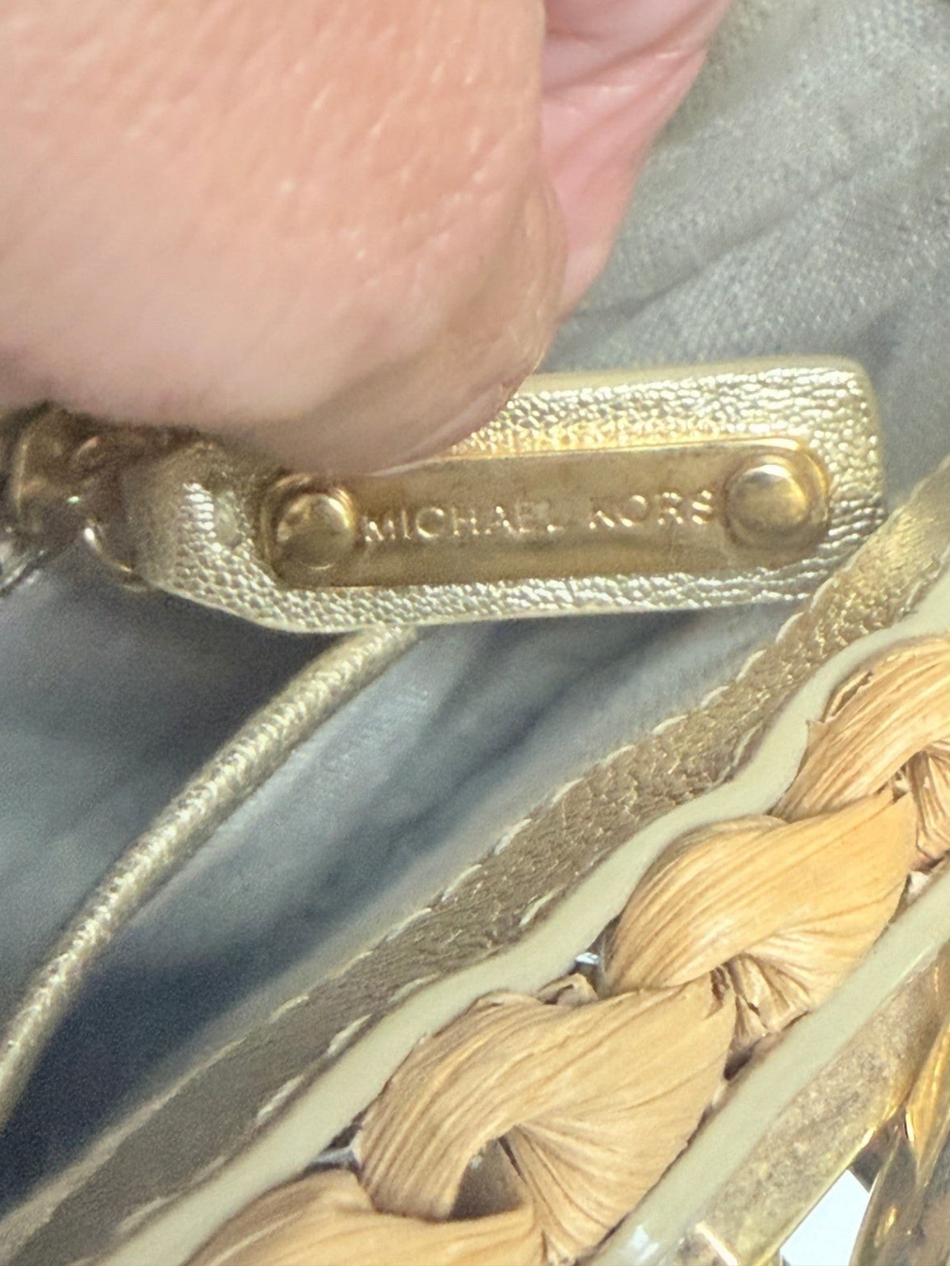 Lynn's Closet Boutique Michael Kors gold leather and raffia tote bag interior logo plaque and braided trim detail