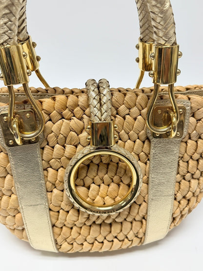 Lynn's Closet Boutique Michael Kors raffia tote with chunky woven straw, gold leather handles, and ring hardware.