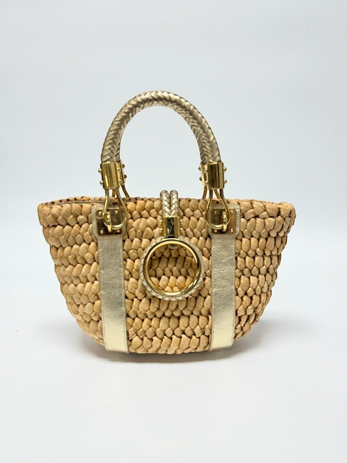 Lynn's Closet Boutique Michael Kors raffia tote with gold leather handles and signature central ring hardware.