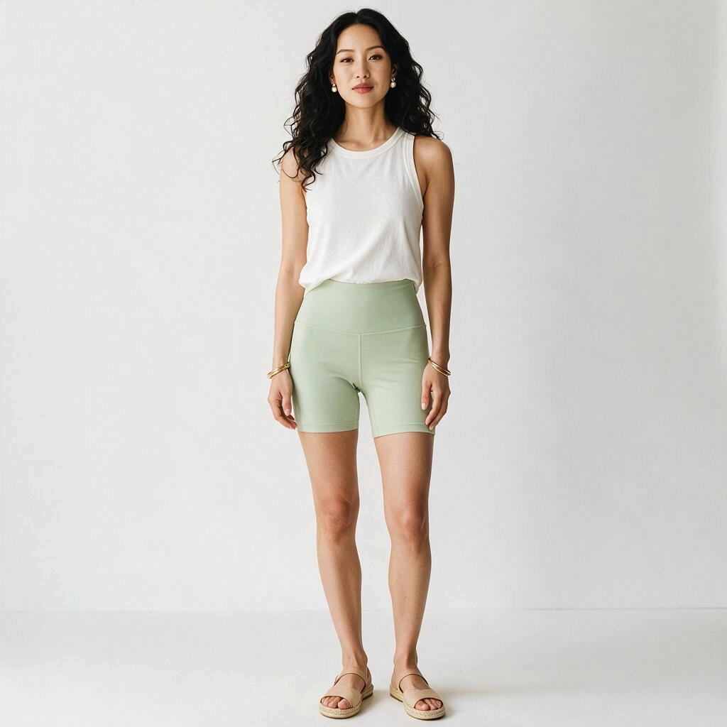 A model wearing Lynn's Closet Boutique Lululemon Align high-rise mint green 6-inch shorts with a white tank top.