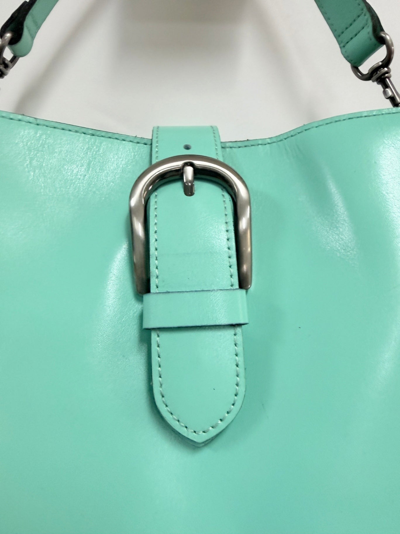 Lynn's Closet Boutique Patricia Nash Irving bucket bag in mint leather with a silver buckle closure detail.