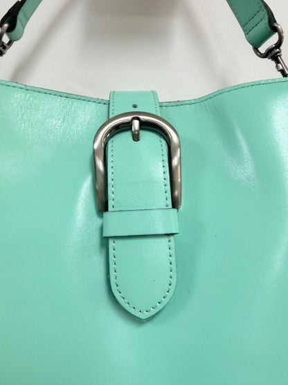 Lynn's Closet Boutique Patricia Nash Irving bucket bag in mint leather with a silver buckle closure detail.