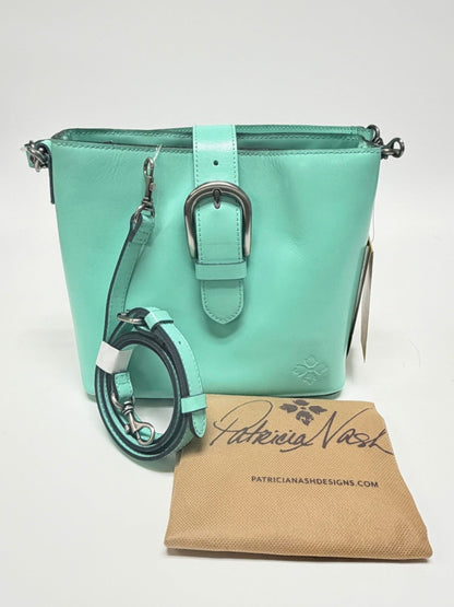Lynn's Closet Boutique Patricia Nash mint leather Irving bucket bag with buckle closure and detachable shoulder strap.
