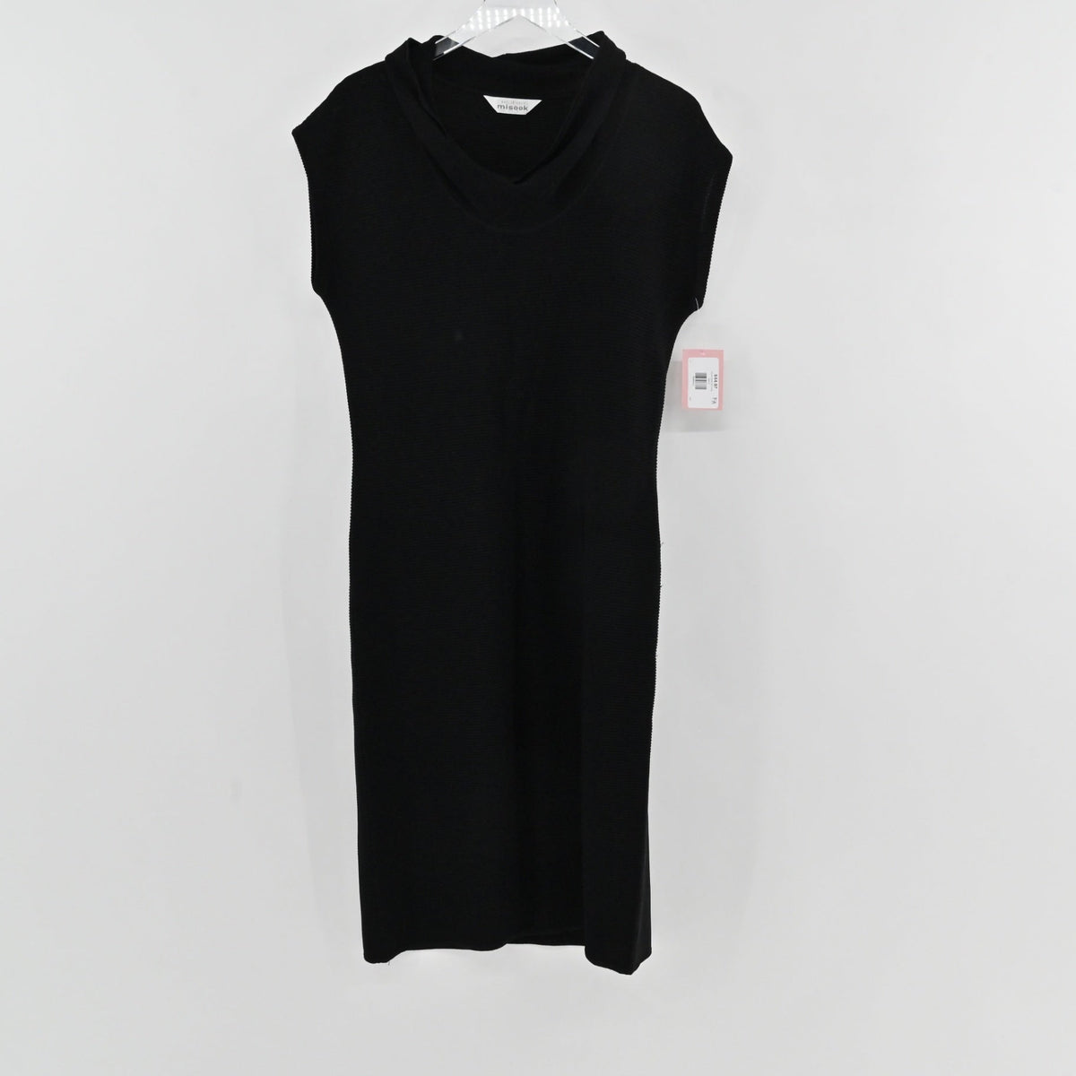 Lynn's Closet Boutique Misook black sleeveless midi dress with a cowl neckline in a structured knit fabric.