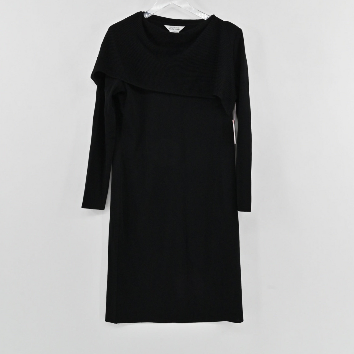 Lynn's Closet Boutique Misook black midi dress with long sleeves and a structural ribbed collar on a hanger