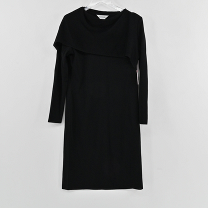 Lynn's Closet Boutique Misook black midi dress with long sleeves and a structural ribbed collar on a hanger