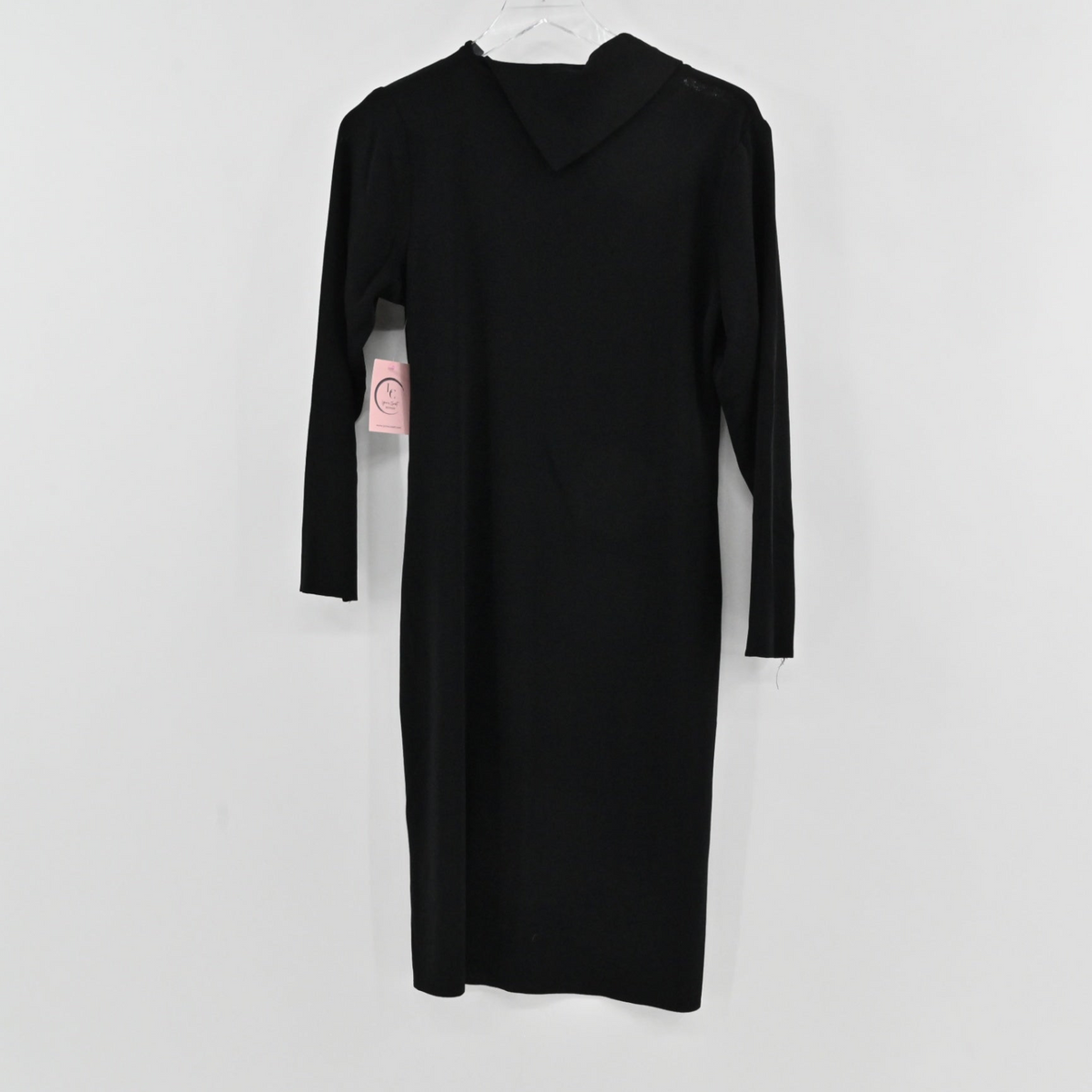 Lynn's Closet Boutique Misook black long-sleeve midi dress with an asymmetrical folded collar on a hanger.
