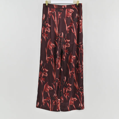 Lynn's Closet Boutique Misook burgundy satin crepe straight-leg pants with a bold red and dark floral print.