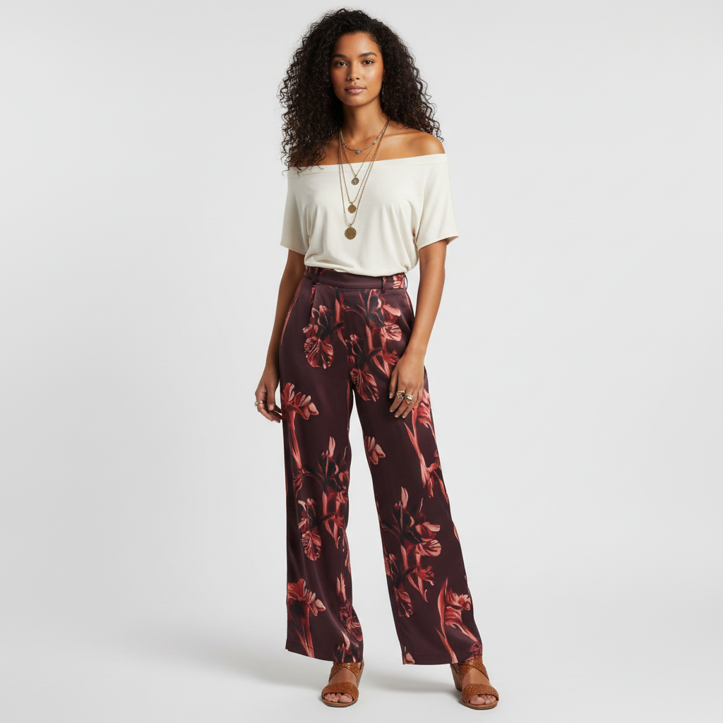 Model wearing Lynn's Closet Boutique Misook floral straight-leg satin crepe pants in burgundy with red floral print.