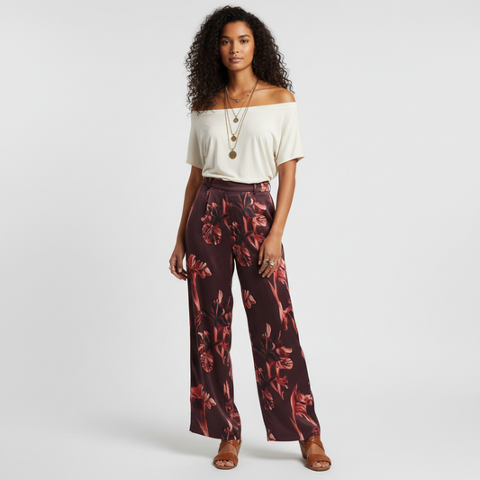 Model wearing Lynn's Closet Boutique Misook floral straight-leg satin crepe pants in burgundy with red floral print.