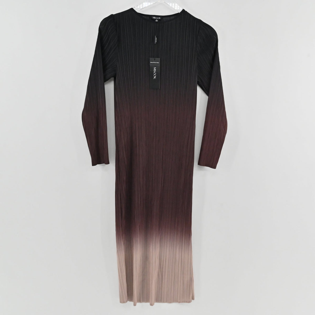 Lynn's Closet Boutique Misook long sleeve midi dress featuring a black to beige ombré pleated knit design