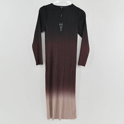 Lynn's Closet Boutique Misook long sleeve midi dress featuring a black to beige ombré pleated knit design