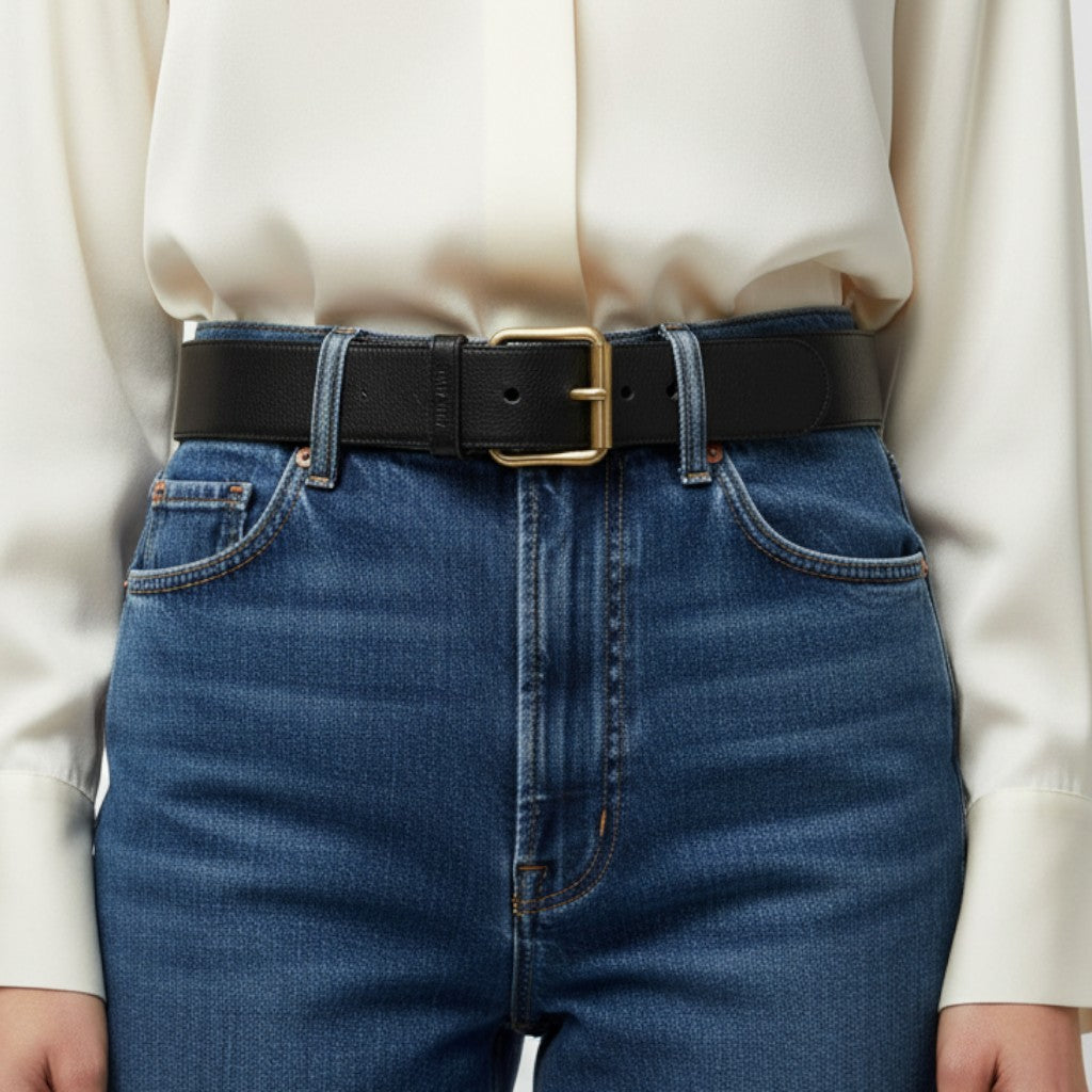 Lynn's Closet Boutique Miu Miu black leather wide belt with gold buckle, size 34