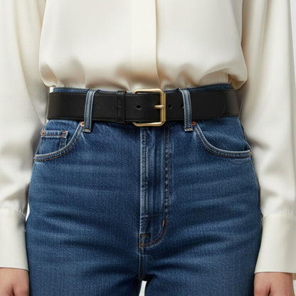 Lynn's Closet Boutique Miu Miu black leather wide belt with gold buckle, size 34