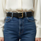 Lynn's Closet Boutique Miu Miu black leather wide belt with gold buckle, size 34