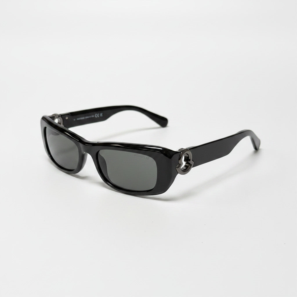 Lynn's Closet Boutique Moncler Minuit black acetate sunglasses with dark grey lenses and signature logo temple detail
