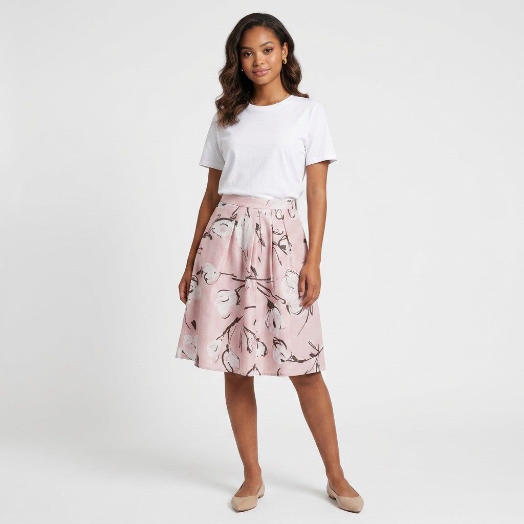 Lynn's Closet Boutique Moschino Cheap Chic pink silk floral midi skirt worn by a model with a white t-shirt
