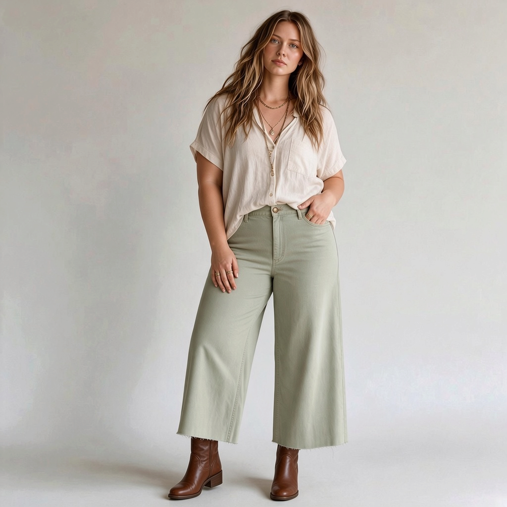 Lynn's Closet Boutique Anthropologie Maeve Colette moss green cropped wide-leg pants with raw hem on a model