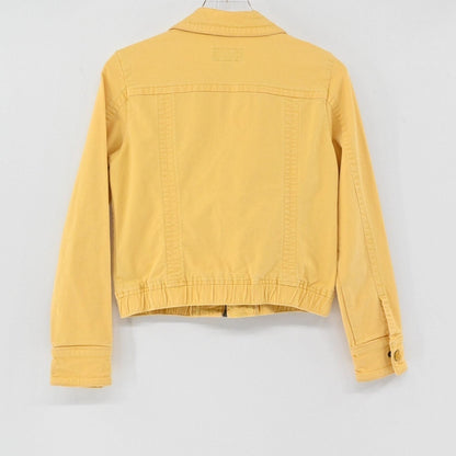 Lynn's Closet Boutique mustard yellow American Eagle zip-up trucker jacket, back view showing ribbed hem and collar.