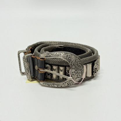 Lynn's Closet Boutique Nanni Italian metallic mesh belt with ornate engraved silver buckle and leather accents.
