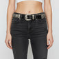 Lynn's Closet Boutique Nanni Italian mesh belt with ornate silver buckle and leather accents worn on black jeans.