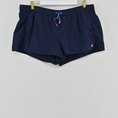 Lynn's Closet Boutique navy blue Lilly Pulitzer Luxletic athletic shorts with drawstring and pink logo detail.