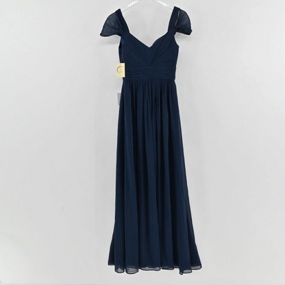 Lynn's Closet Boutique navy blue floor-length formal gown with a ruched bodice, sweetheart neckline, and flutter sleeves