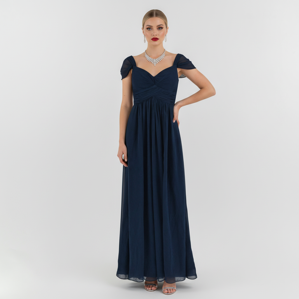 Model wearing a Lynn's Closet Boutique navy blue Lulus floor-length gown with ruched bodice and flutter sleeves.