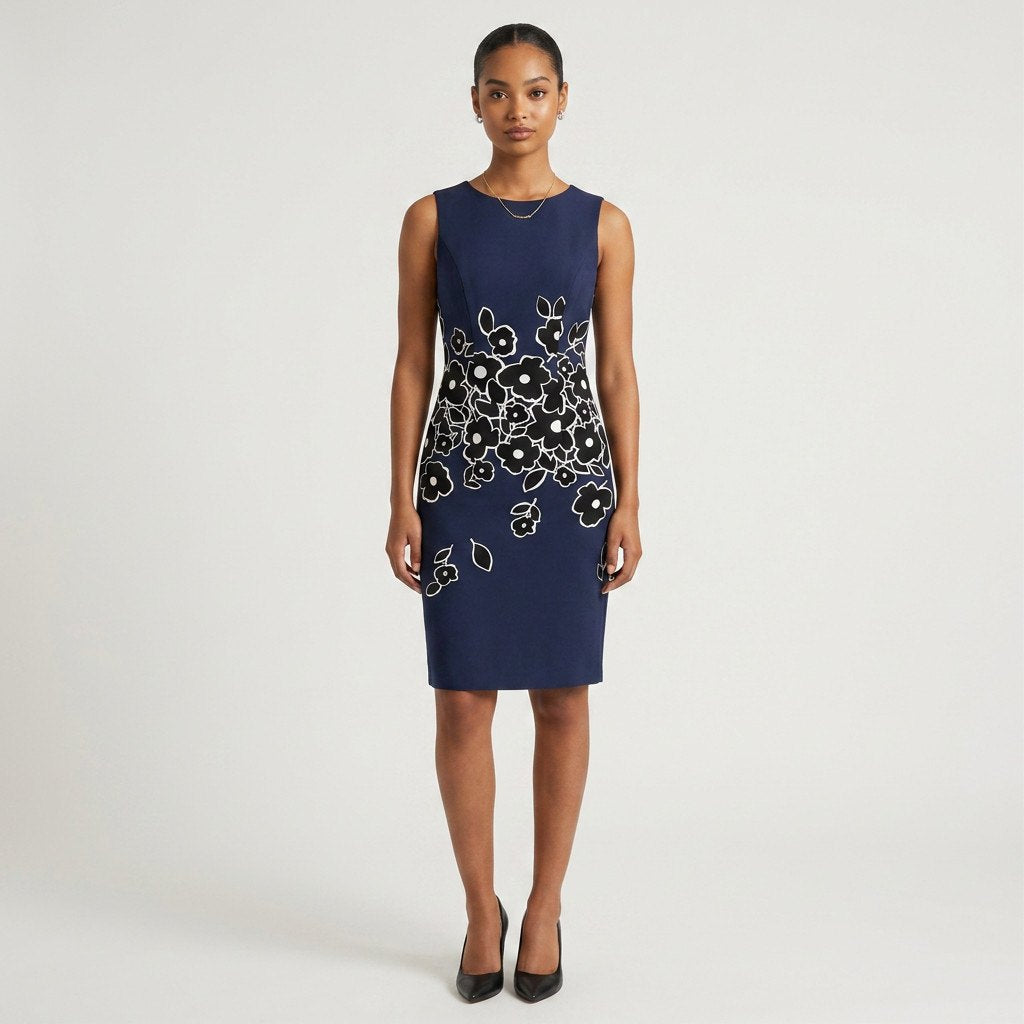 Model wearing a Lynn's Closet Boutique Carolina Herrera navy sheath dress with a black and white floral motif.