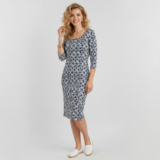 Lynn's Closet Boutique navy and white geometric print 3/4 sleeve knee-length dress, size 12.