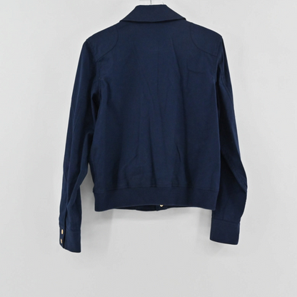 Back view of a Lynn's Closet Boutique navy jacket with a structured collar and long sleeves on a white background.