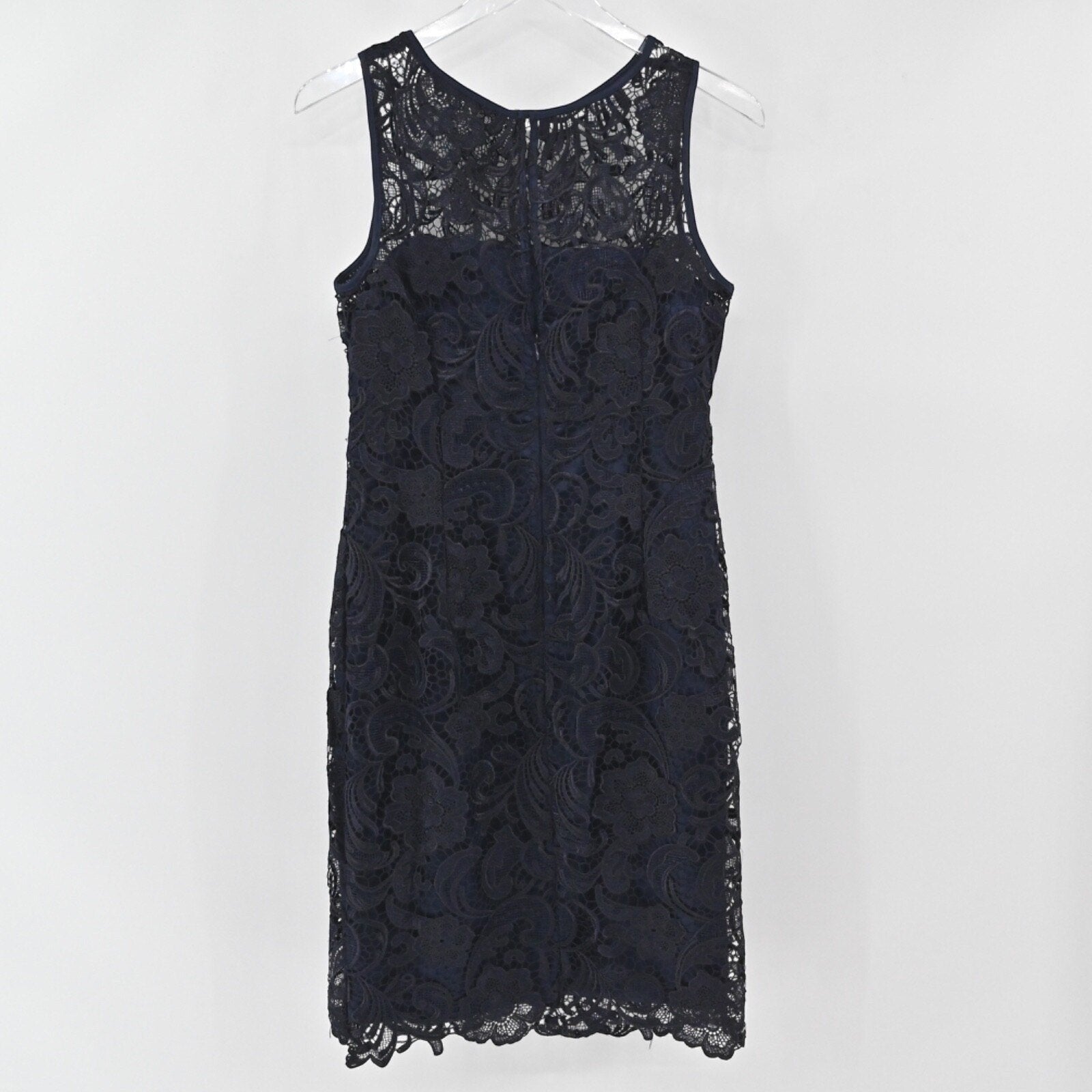 Lynn's Closet Boutique Adrianna Papell sleeveless navy blue lace sheath dress with intricate floral patterns