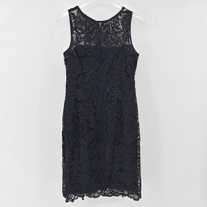 Lynn's Closet Boutique Adrianna Papell sleeveless navy blue lace sheath dress with intricate floral patterns