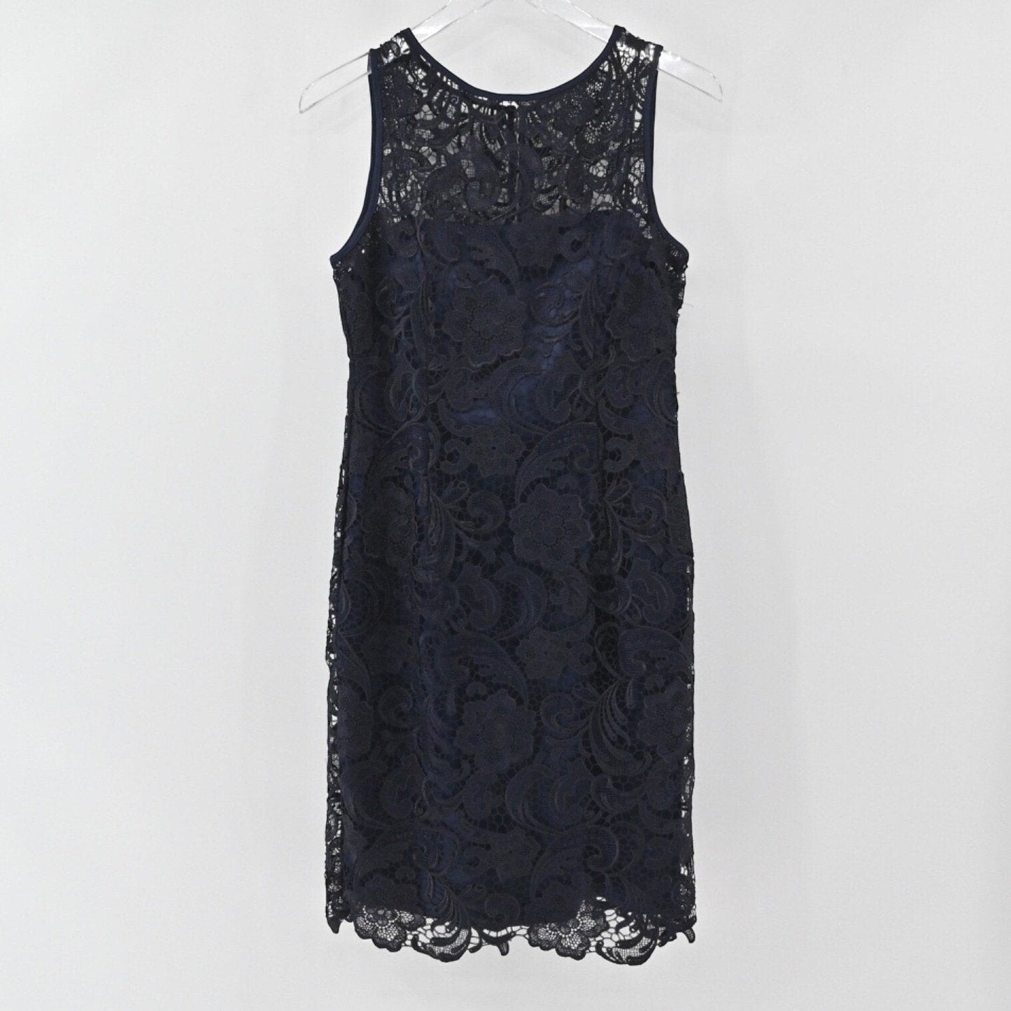 Lynn's Closet Boutique Adrianna Papell navy blue sleeveless lace sheath dress with a scalloped hem
