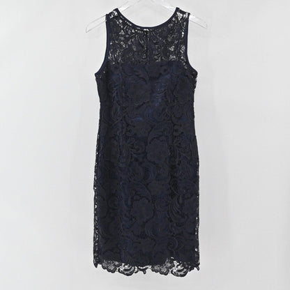 Lynn's Closet Boutique Adrianna Papell navy blue sleeveless lace sheath dress with a scalloped hem