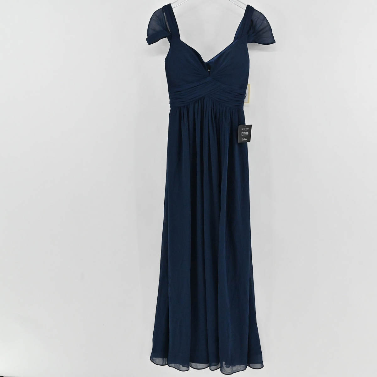 Lynn's Closet Boutique navy blue Lulus floor-length gown with a ruched bodice, sweetheart neckline, and flutter sleeves