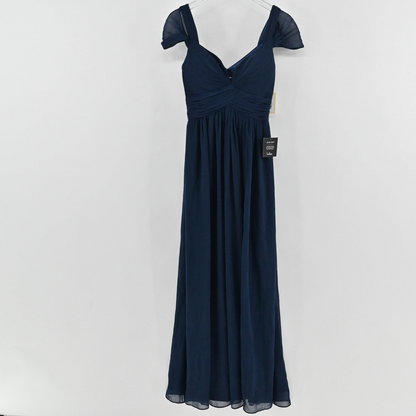 Lynn's Closet Boutique navy blue Lulus floor-length gown with a ruched bodice, sweetheart neckline, and flutter sleeves