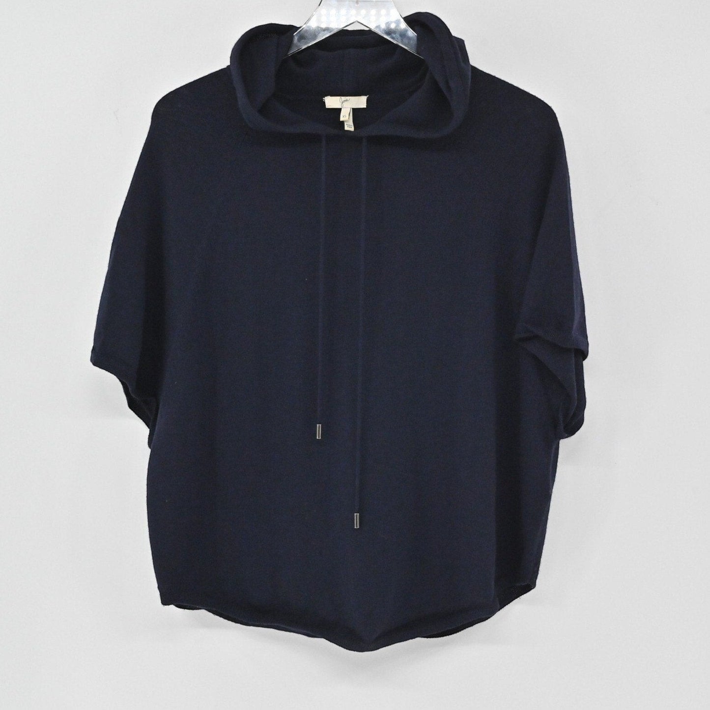 Lynn's Closet Boutique navy blue short-sleeve merino wool hoodie with a relaxed fit and drawstring hood.