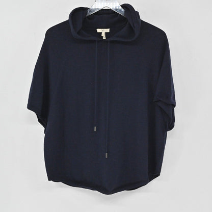 Lynn's Closet Boutique navy blue short-sleeve merino wool hoodie with a relaxed fit and drawstring hood.