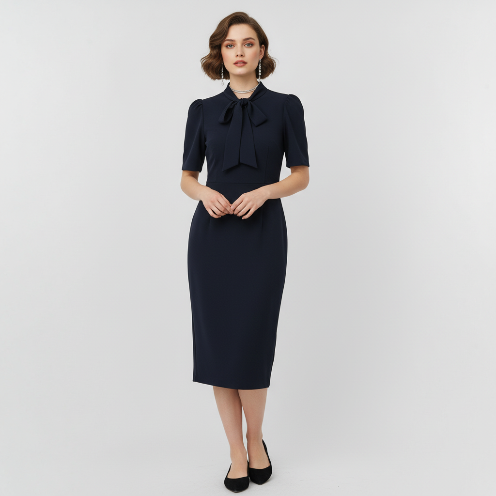 Model wearing a Lynn's Closet Boutique navy midi sheath dress with short sleeves and a high tie-neck detail.