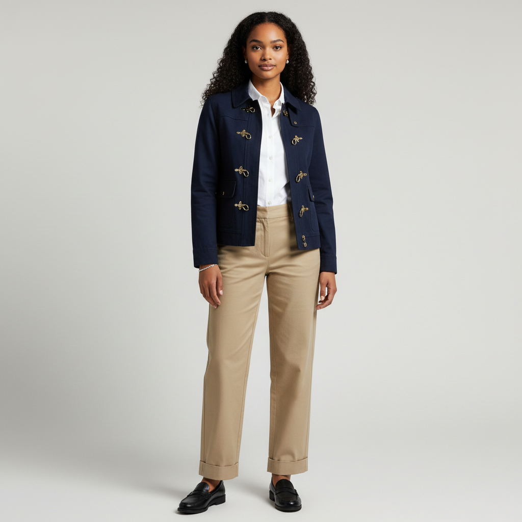 Lynn's Closet Boutique navy jacket with gold toggle clasps worn by a model with khaki trousers and white shirt