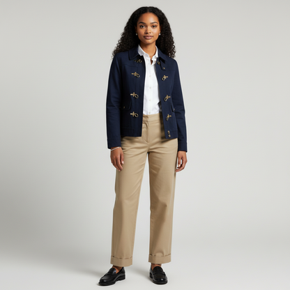 Lynn's Closet Boutique navy jacket with gold toggle clasps worn by a model with khaki trousers and white shirt