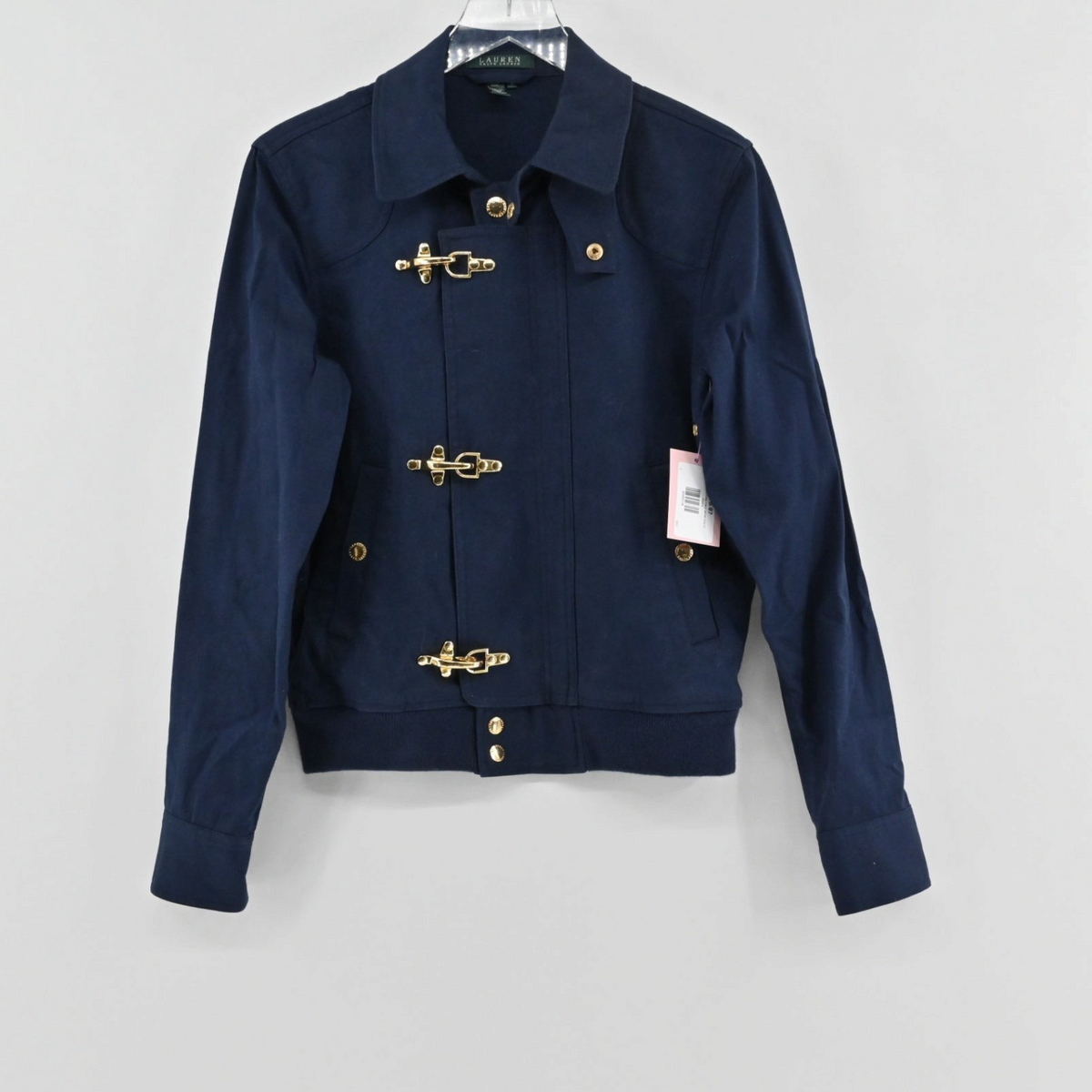 Lynn's Closet Boutique navy jacket with gold-tone toggle clasps and structured collar, size M.