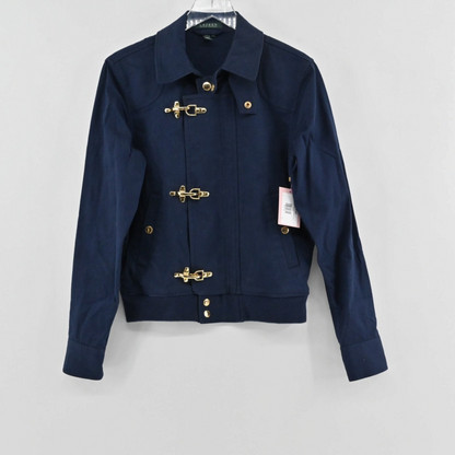 Lynn's Closet Boutique navy jacket with gold-tone toggle clasps and structured collar, size M.