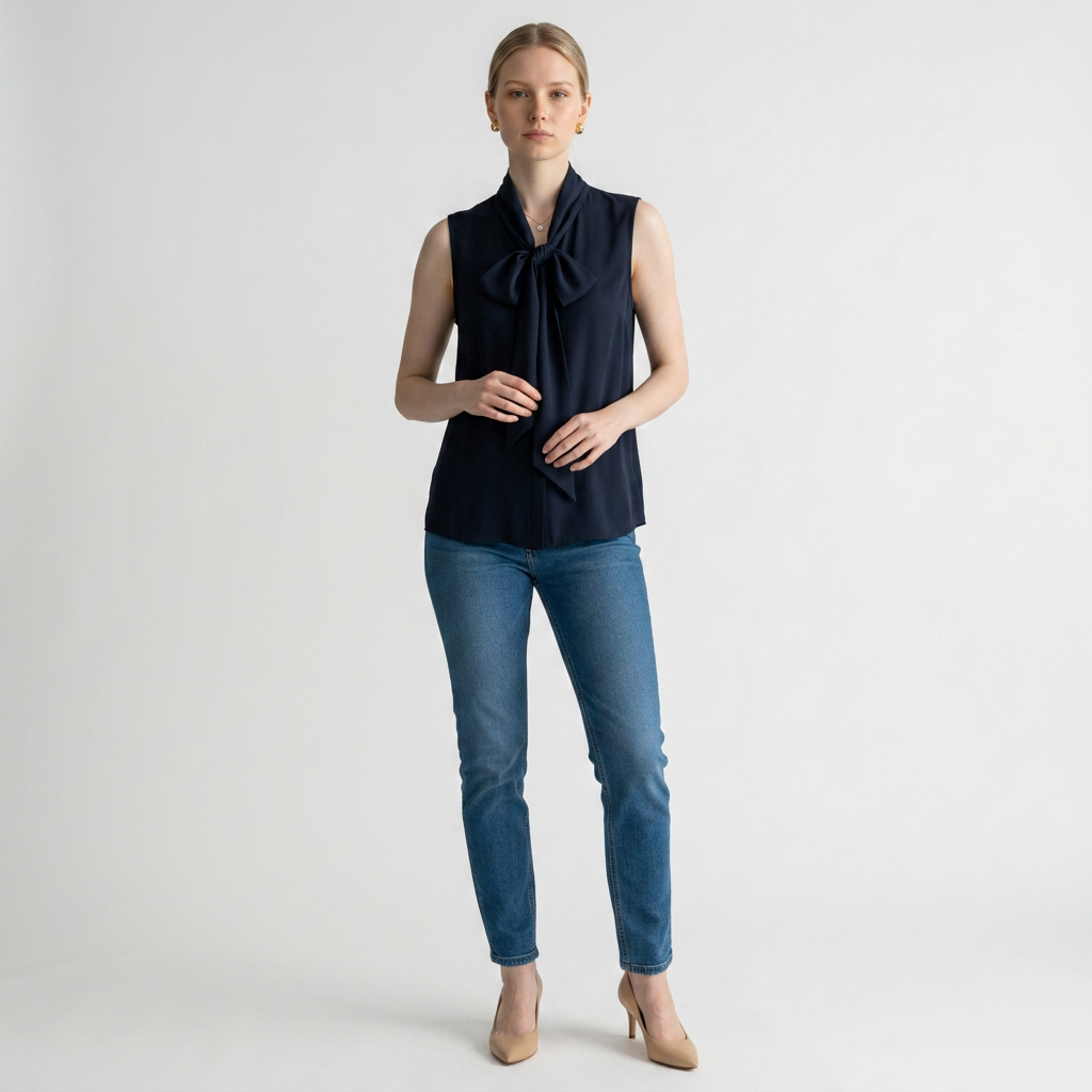 Model wearing a Lynn's Closet Boutique navy sleeveless Tory Burch top with a tie-neck bow and blue jeans.