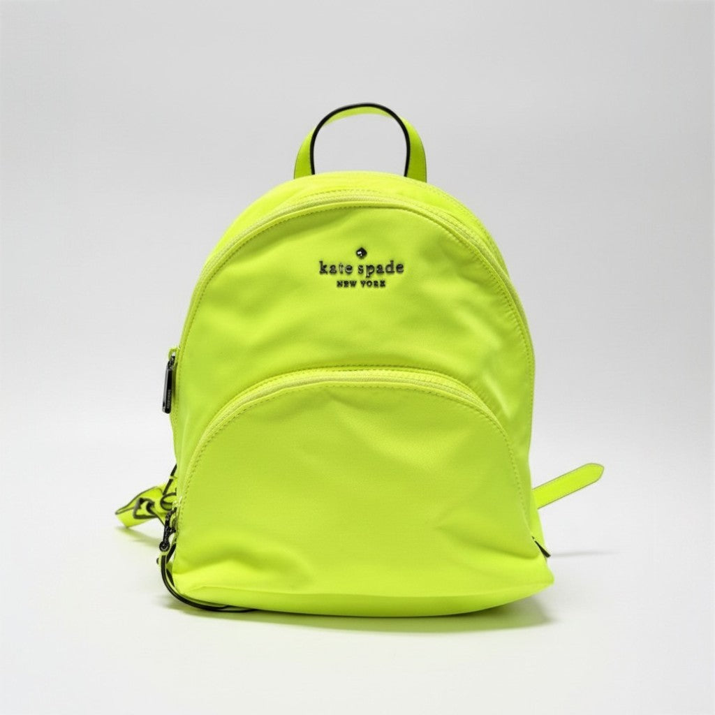 Lynn's Closet Boutique Kate Spade Chelsea neon yellow nylon backpack with front zip pocket and top handle.