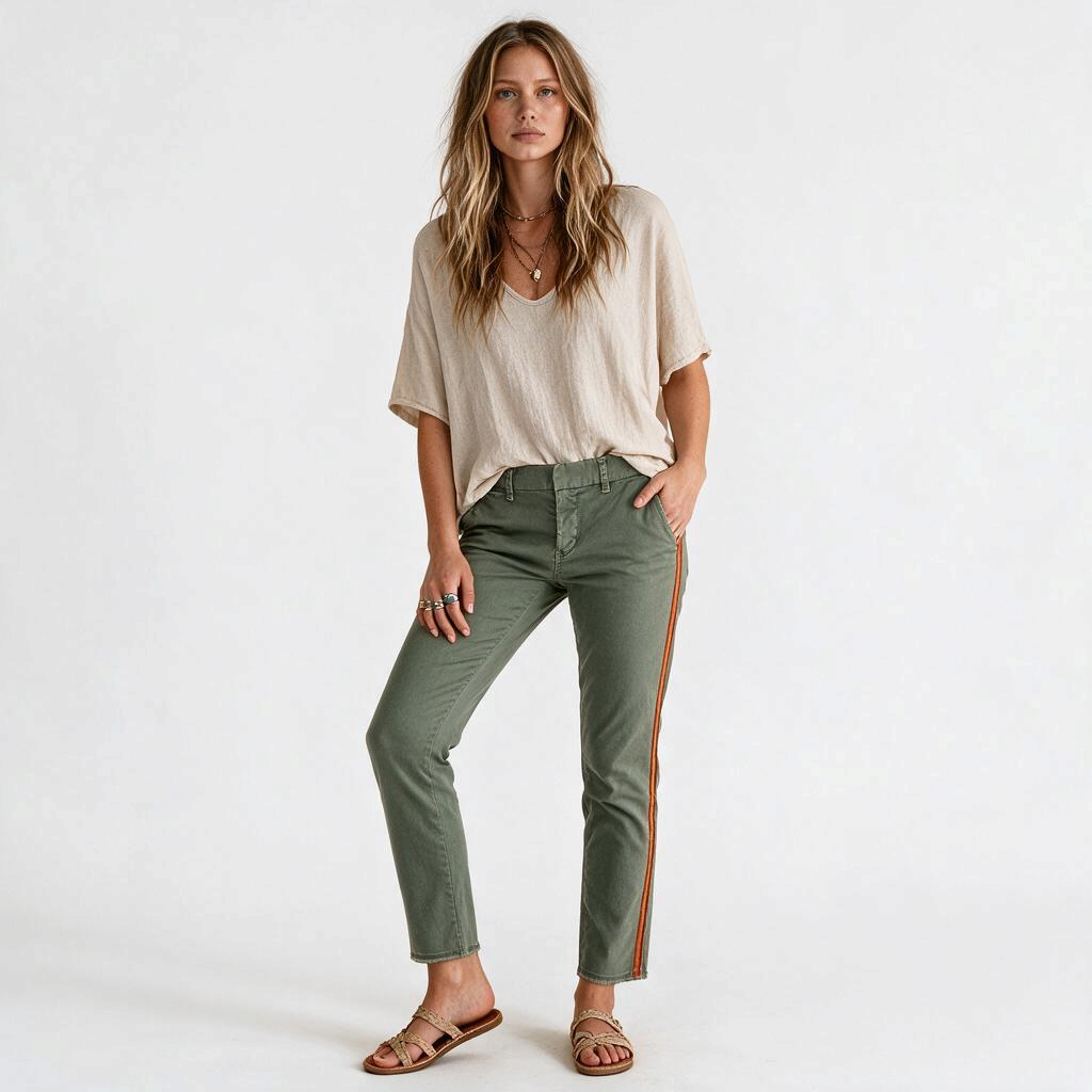 Model wearing Lynn's Closet Boutique olive green Nili Lotan trousers with a side stripe and raw-edge hem.