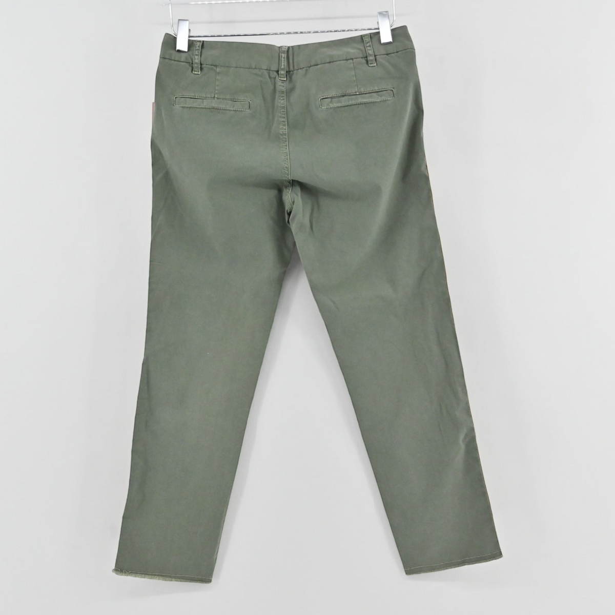 Lynn's Closet Boutique Nili Lotan olive green trousers with back pockets and raw-edge hem detail
